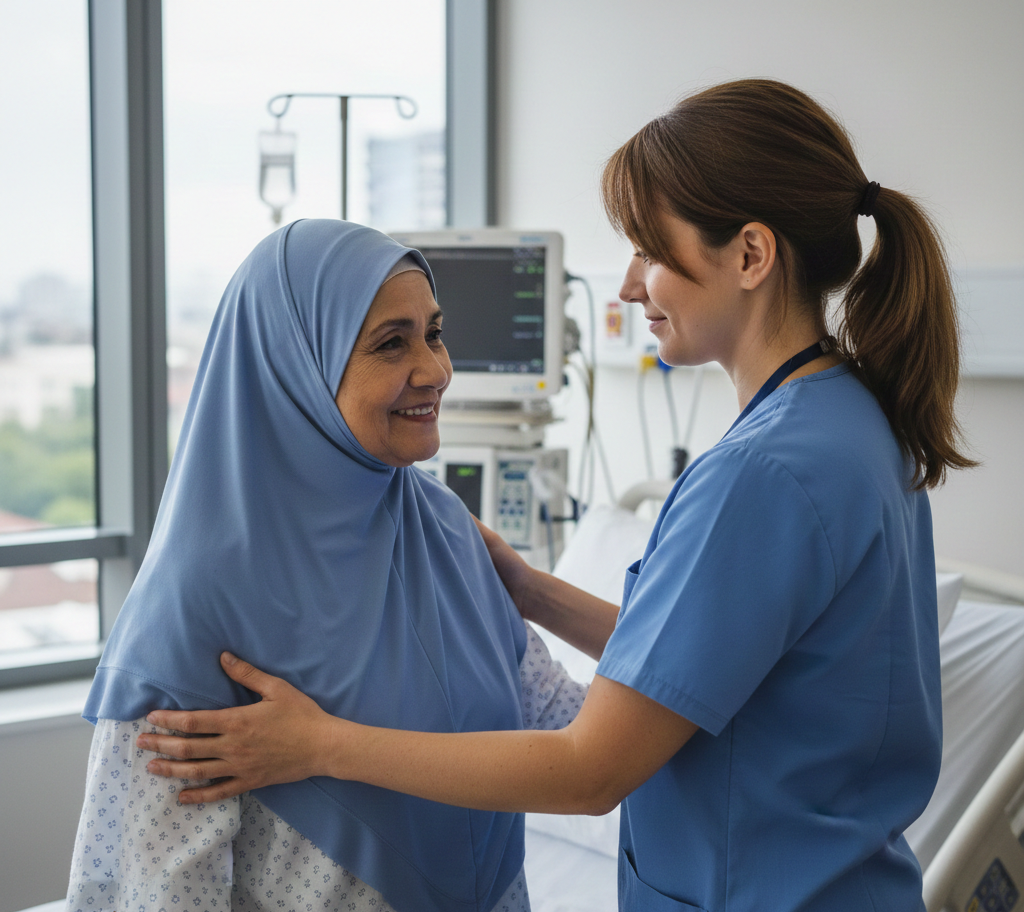 Pflegekraft mit Kopftuch pflegt junges Mädchen