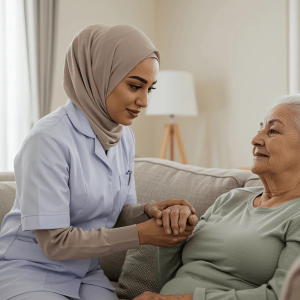 Pflegekraft mit Kopftuch bei der Patientenversorgung